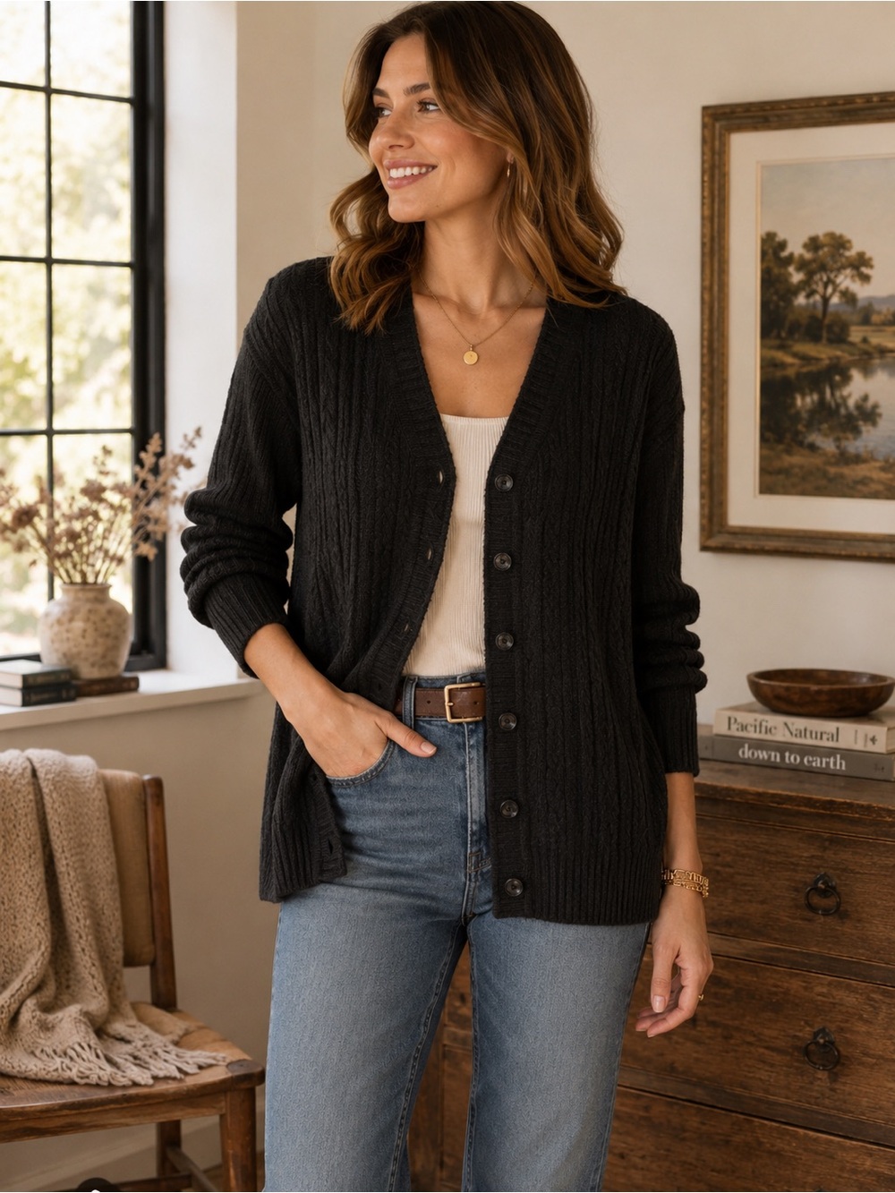 Vintage Haurd’s Women’s Black Cable Knit Button Cardigan Wool Blend Size 44 EU L